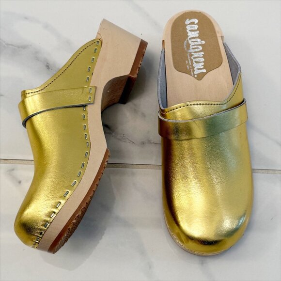 Sandgrens Handmade Swedish Metallic Gold Wood Clogs Low Heel Mule 8 - Picture 2 of 12